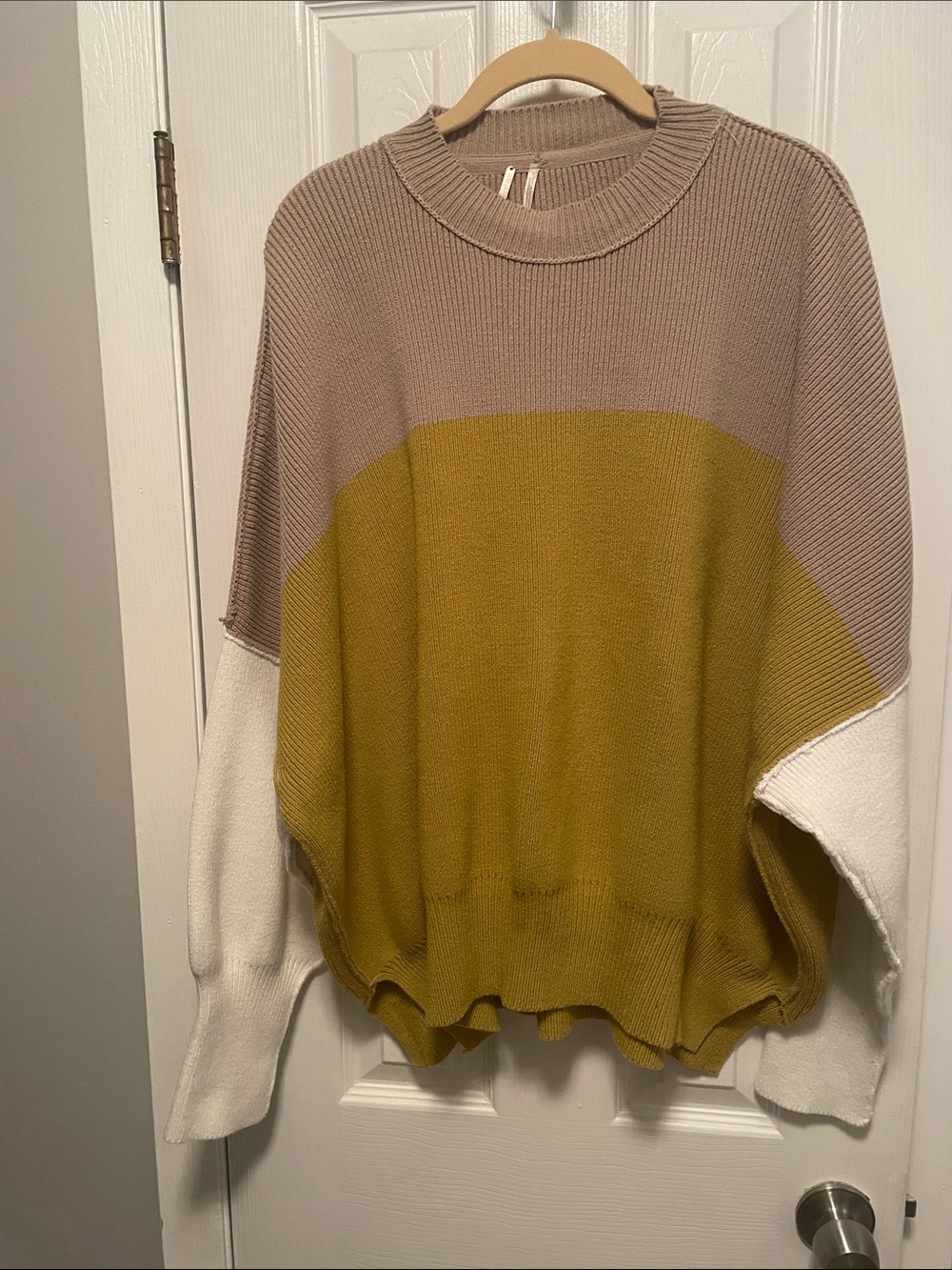 Colorblock Crewneck Sweater in Taupe, Mustard & Cream. Free people Size Small